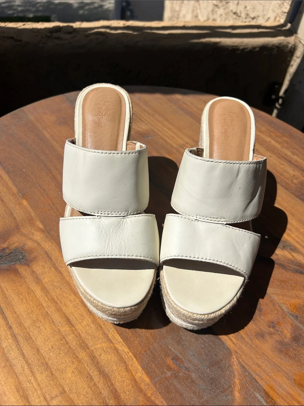 Crown Cream Leather Espadrille Wedge Slides